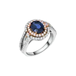 Inel din aur mixt de 18kt cu diamante transparente si safir albastru. Disponibil pentru precomanda