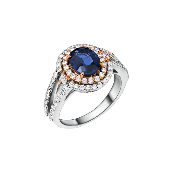 Inel din aur mixt de 18kt cu diamante transparente si safir albastru. Disponibil pentru precomanda