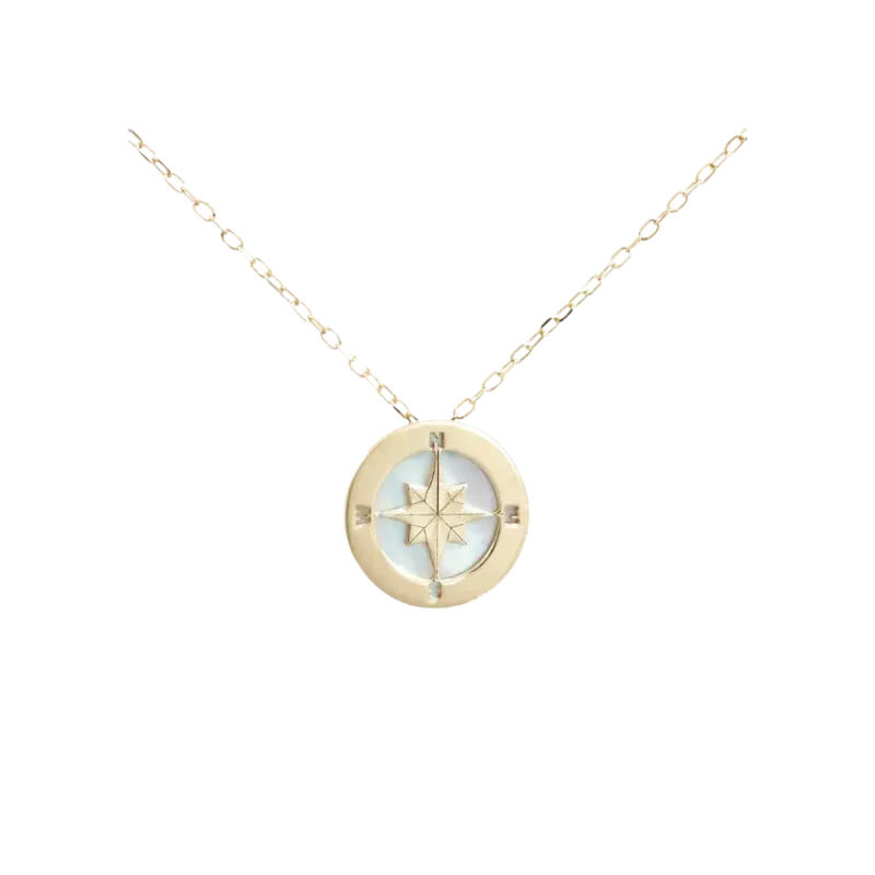 Colier aur galben 14kt, cu pandativ madre perla si element busola ajustabil 40+5 cm